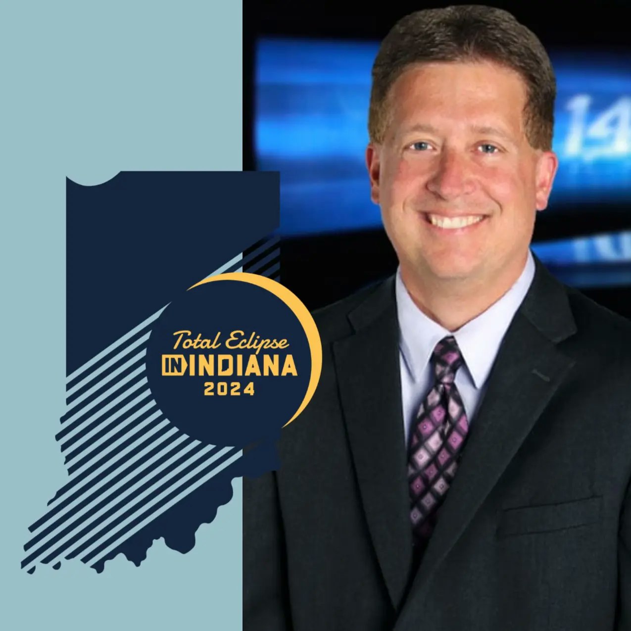 A man in a suit with a graphic overlay promoting "Total Eclipse Indiana 2024."