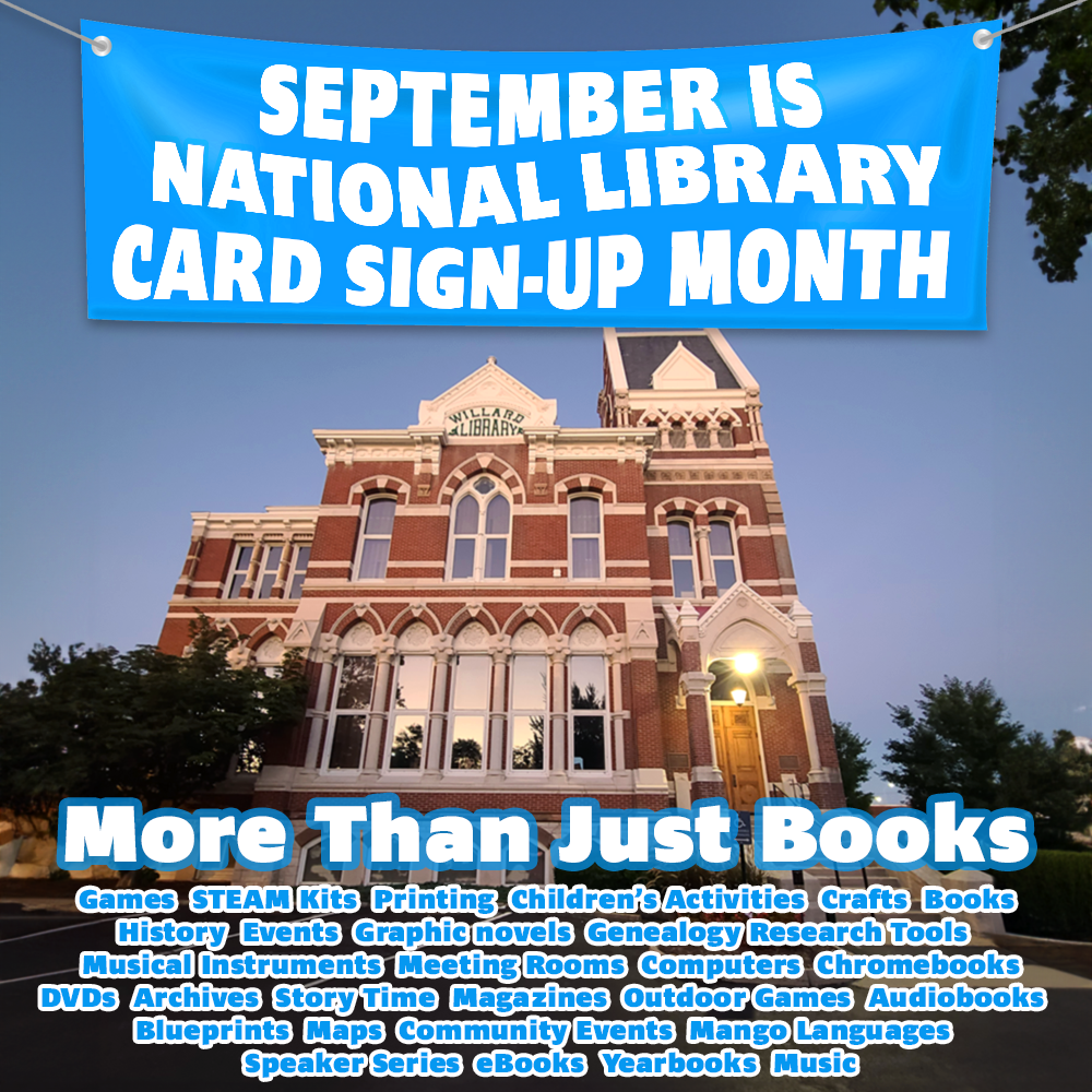 A library ad promoting services and September as National Library Card Sign-Up Month.