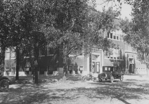 Vintage photo of a tree-lined street with old cars parked in front of a multi-story building.