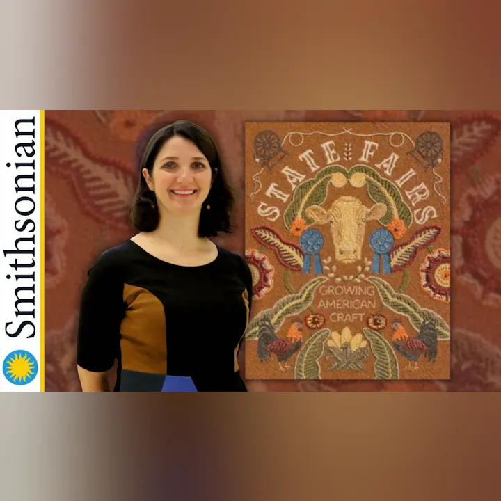 The image features a smiling woman beside an artwork titled "State Fairs: Growing American Craft," showcasing farming themes.