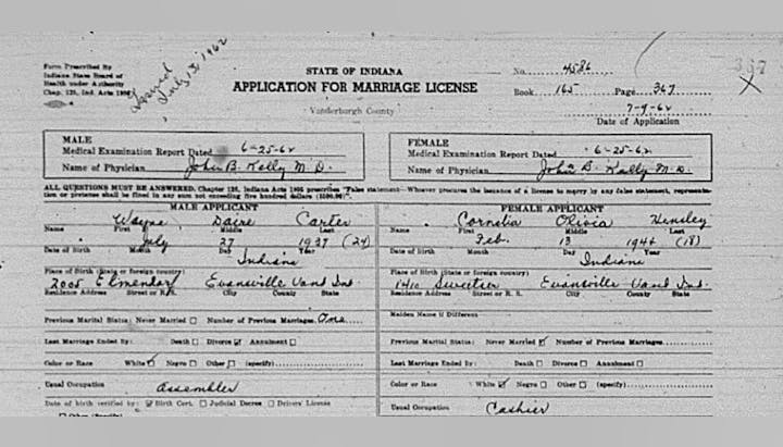 Indiana marriage license application with applicant details, dated 1964.