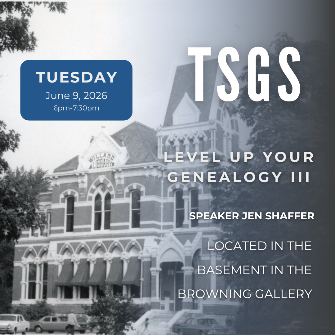Event announcement for "Level Up Your Genealogy III" by Jen Shaffer on June 9, 2026, at Willard Library, 6-7:30 PM.