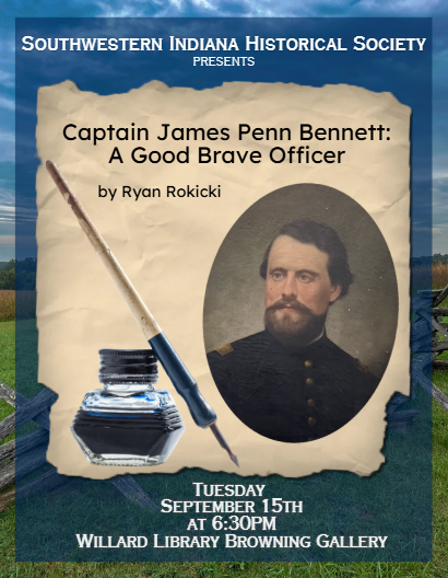 Event poster for a talk on Captain James Penn Bennett by Ryan Rokicki, September 15th, 6:30 PM at Willard Library.