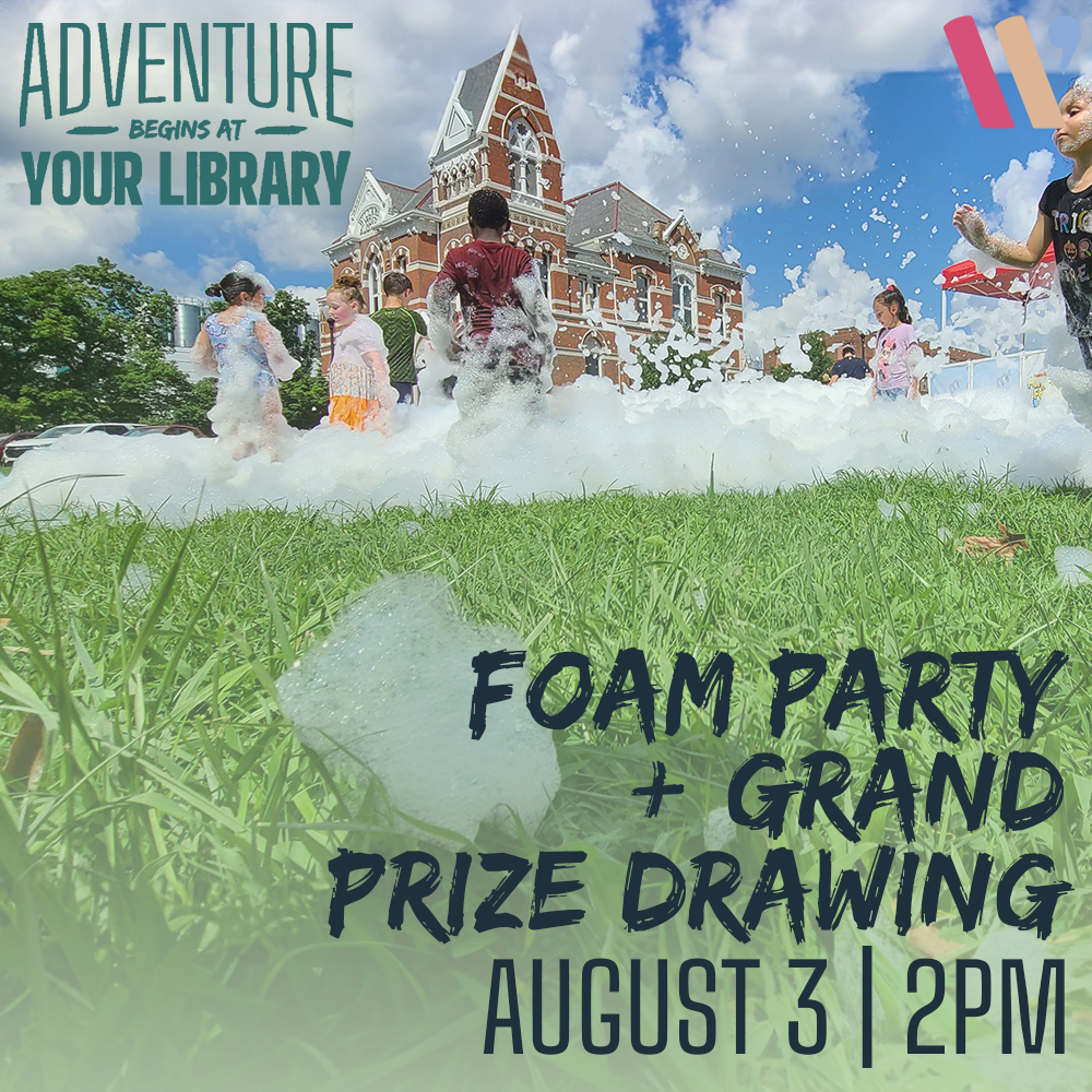 Children playing in foam in front of a historic building with event details for a library foam party and prize drawing.
