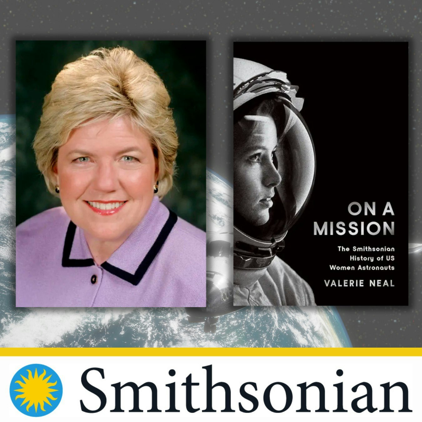 The image features a portrait, a book cover titled "On a Mission," and the Smithsonian logo, highlighting US women astronauts.