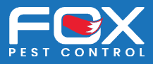 Logo with "FOX Pest Control" on a blue background, featuring a red tail in the 'O'.