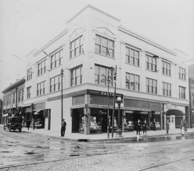 Old street corner with tram tracks, vintage car, pedestrians, and shops including a cigar store. Black & white photo.