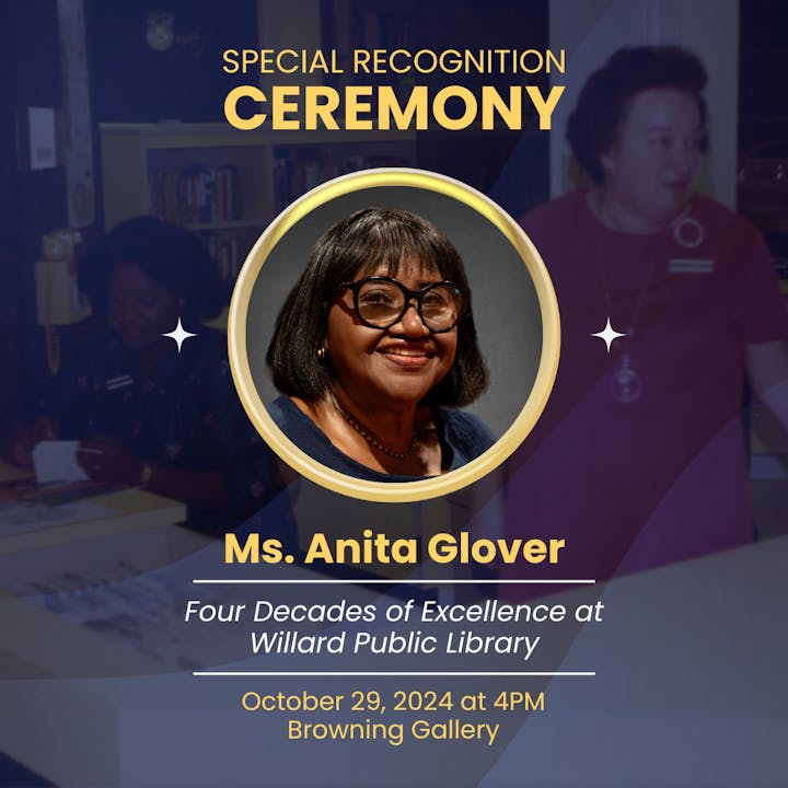 An invitation to a recognition ceremony for Ms. Anita Glover, celebrating four decades at Willard Public Library, dated October 29, 2024.