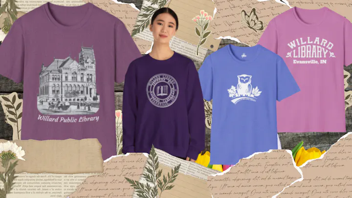 The image features various shirt designs representing the Willard Public Library, with different colors and graphics.