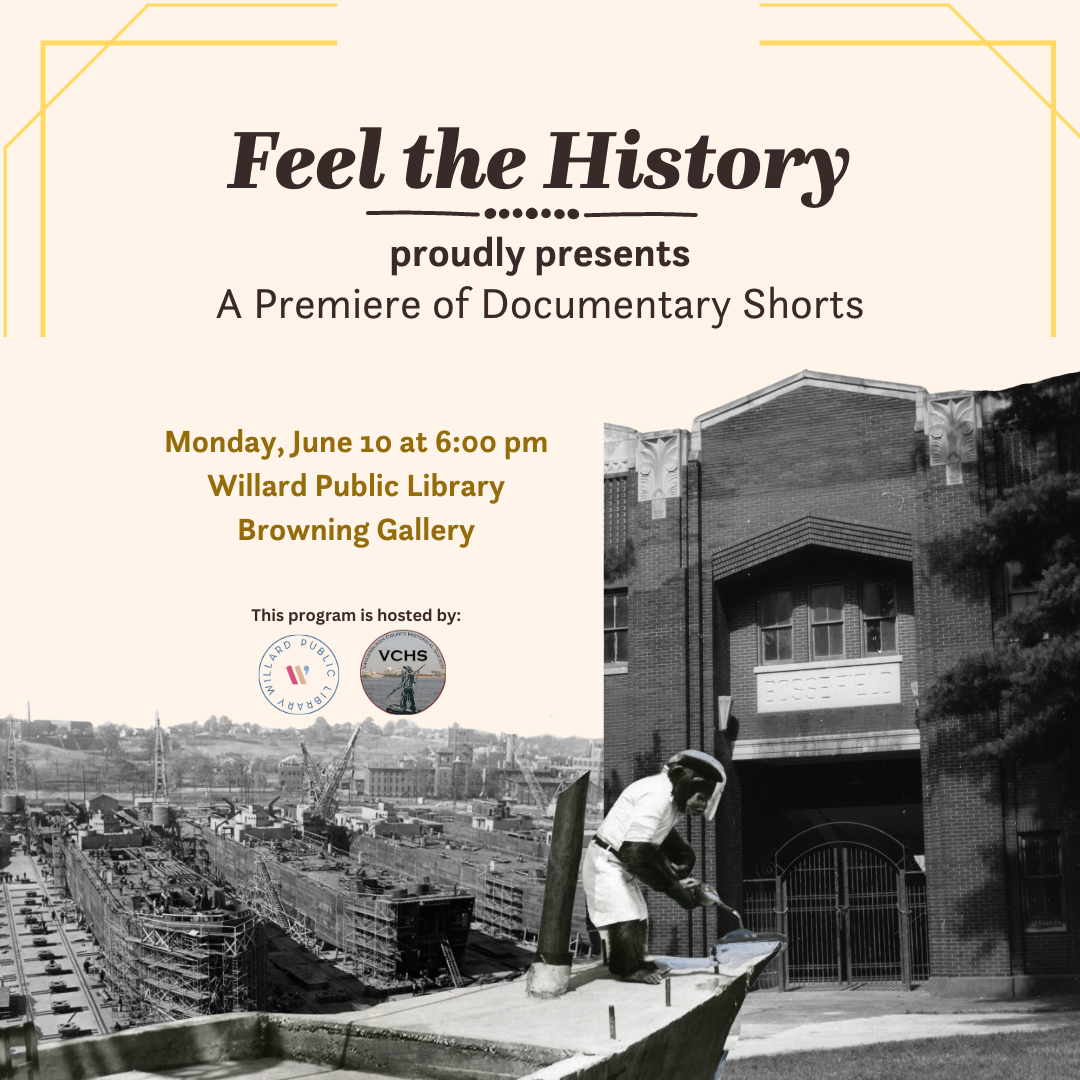 It's an event flyer for "Feel the History" presenting a premiere of documentary shorts at Willard Public Library on June 10 at 6:00 pm.