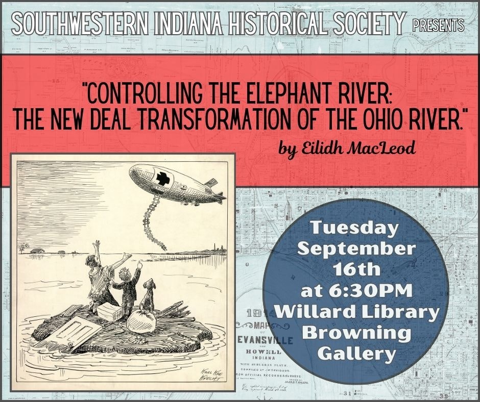 Event poster for a historical society talk on the Ohio River, featuring a raft drawing, occurring September 16th at Willard Library.