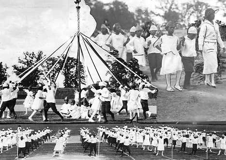 Vintage photo of children playing Maypole dance.