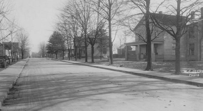 A vintage black and white photo of a tree-lined street with houses.