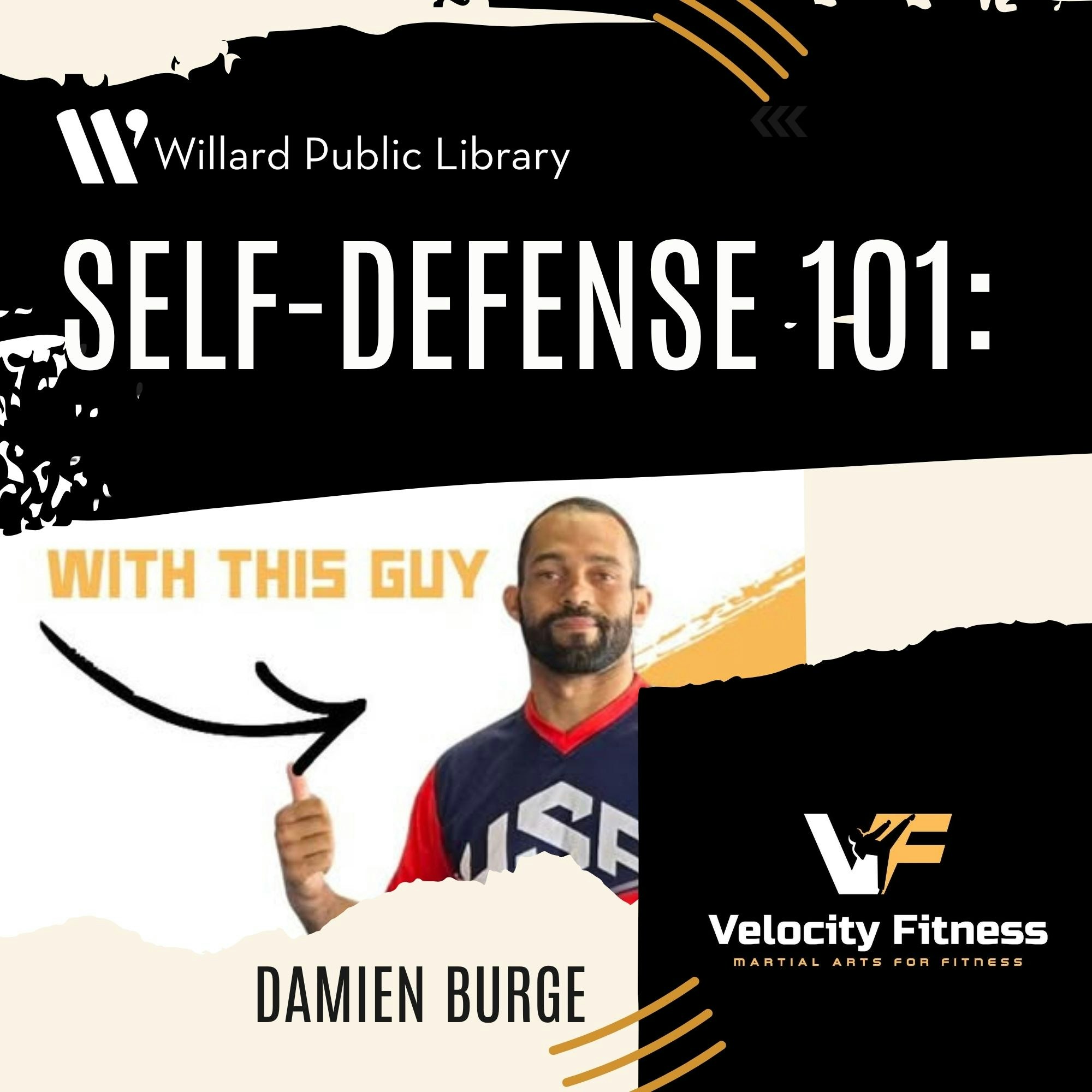 The image promotes a self-defense class at Willard Public Library, featuring Damien Burge and Velocity Fitness.