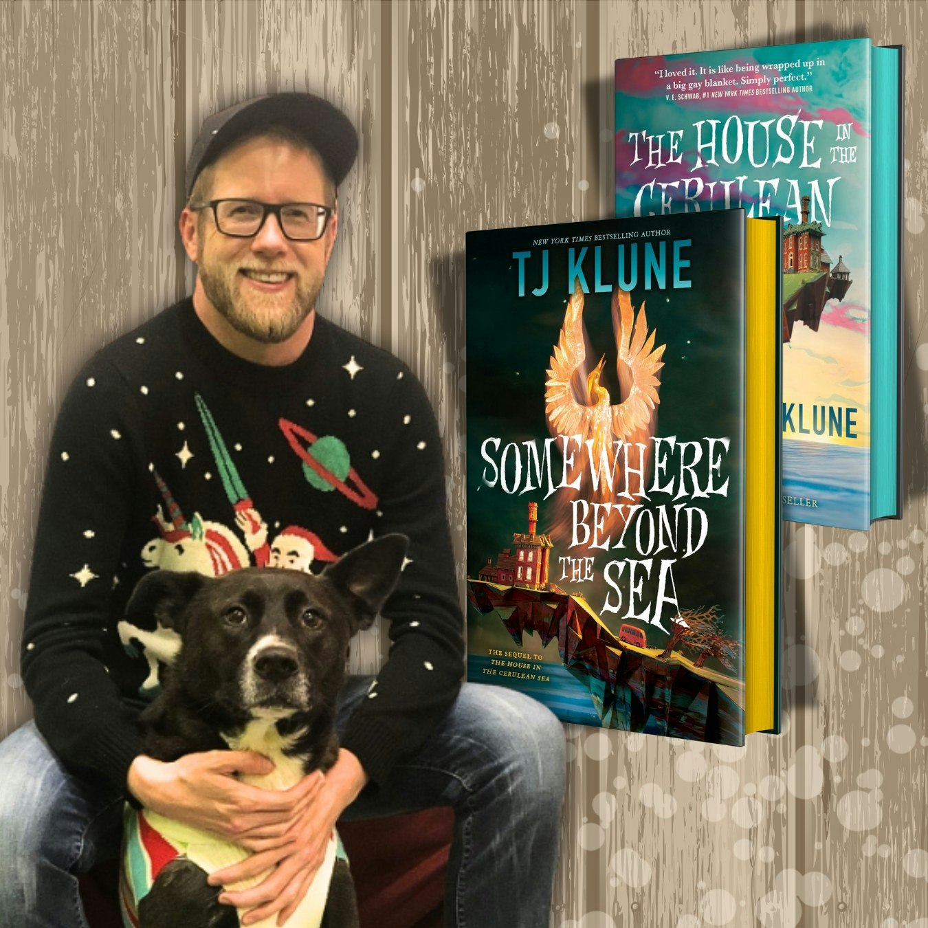 A smiling person with a dog, wearing a festive sweater, and two book covers: "Somewhere Beyond the Sea" and "The House in the Cerulean Sea."