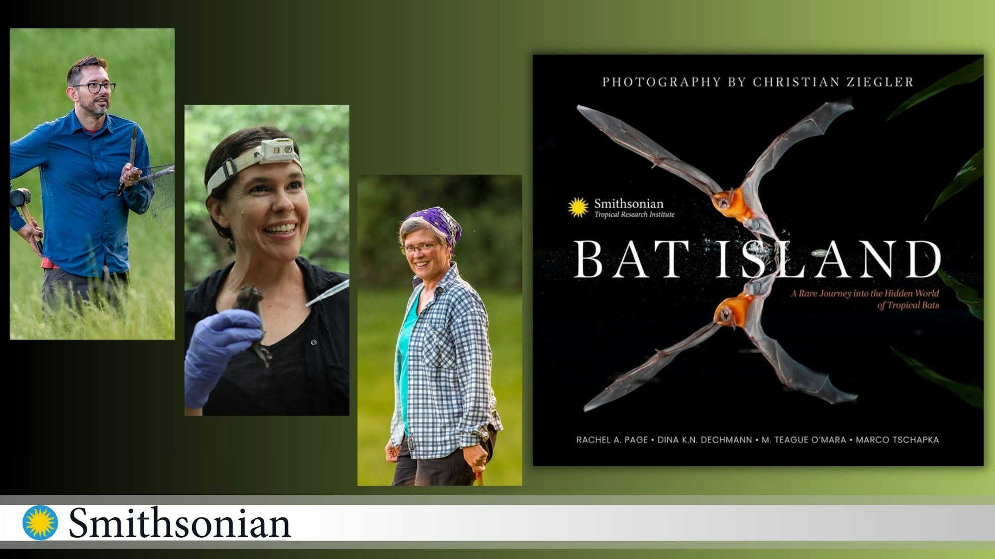 Three researchers and a book cover titled "Bat Island" by the Smithsonian Tropical Research Institute.