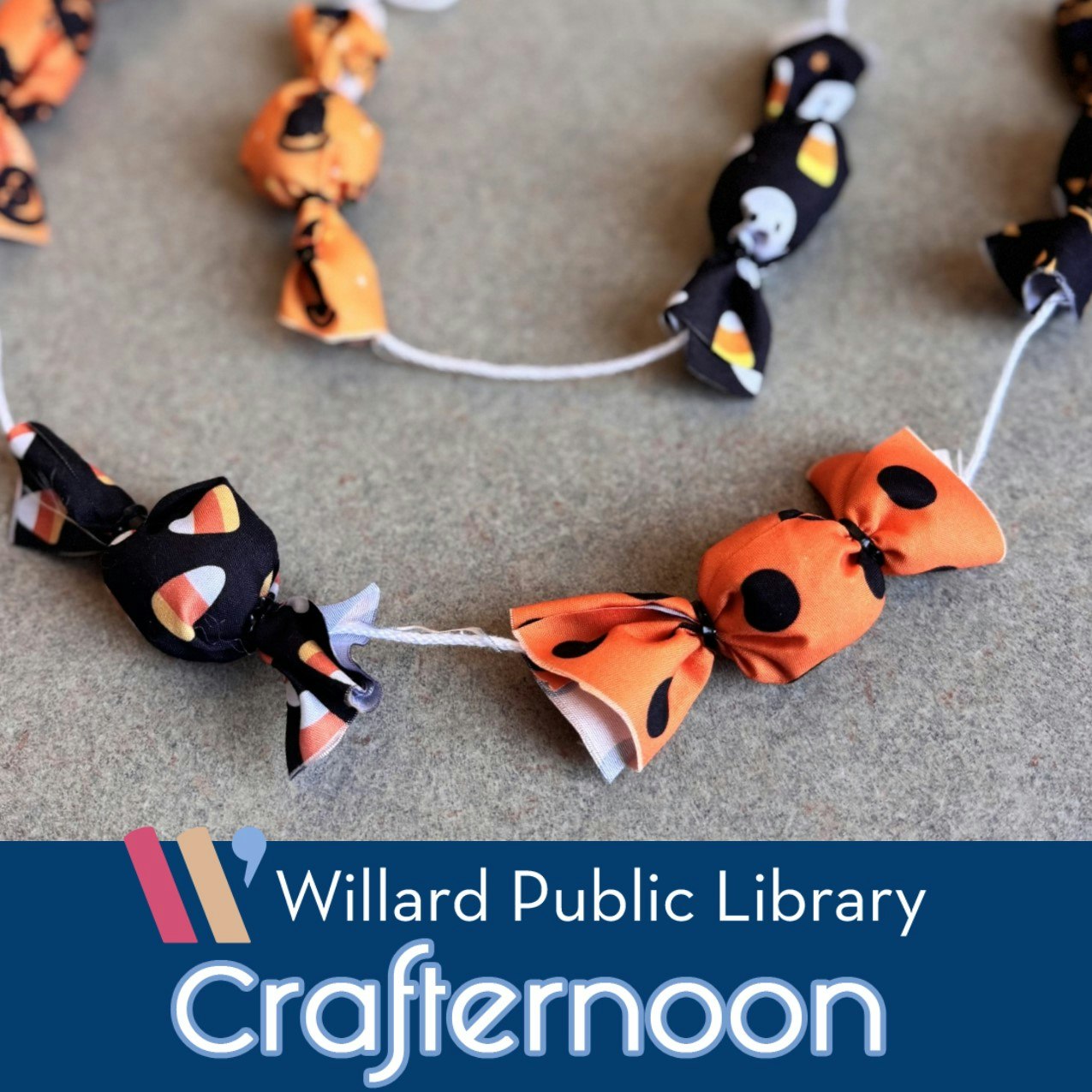 The image shows a colorful Halloween-themed garland made of fabric bows and candy shapes, with branding for a library event.