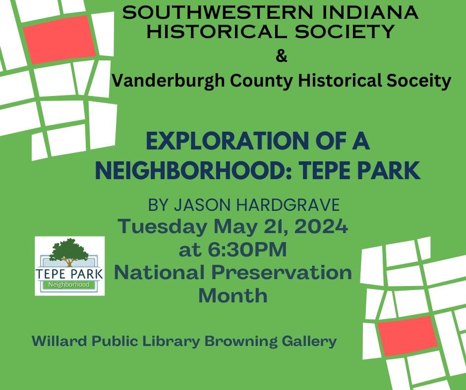 Event poster for a neighborhood exploration talk about Tepe Park, set for May 21, 2024, at 6:30 PM, during National Preservation Month.