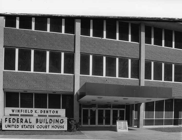 Black and white photo of the Winfield K. Denton Federal Building and U.S. Courthouse.