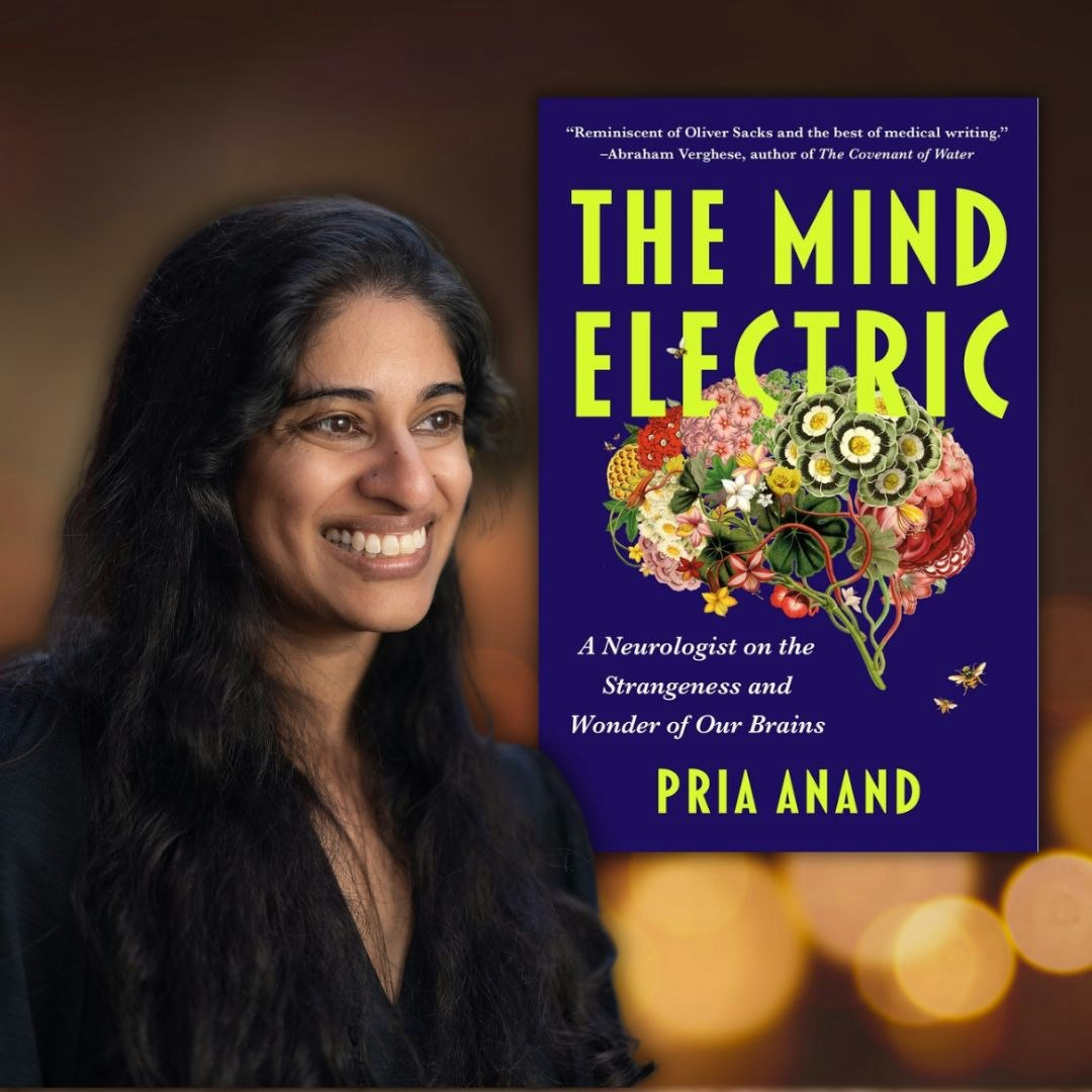 A woman smiling beside the book cover of "The Mind Electric" by Pria Anand.