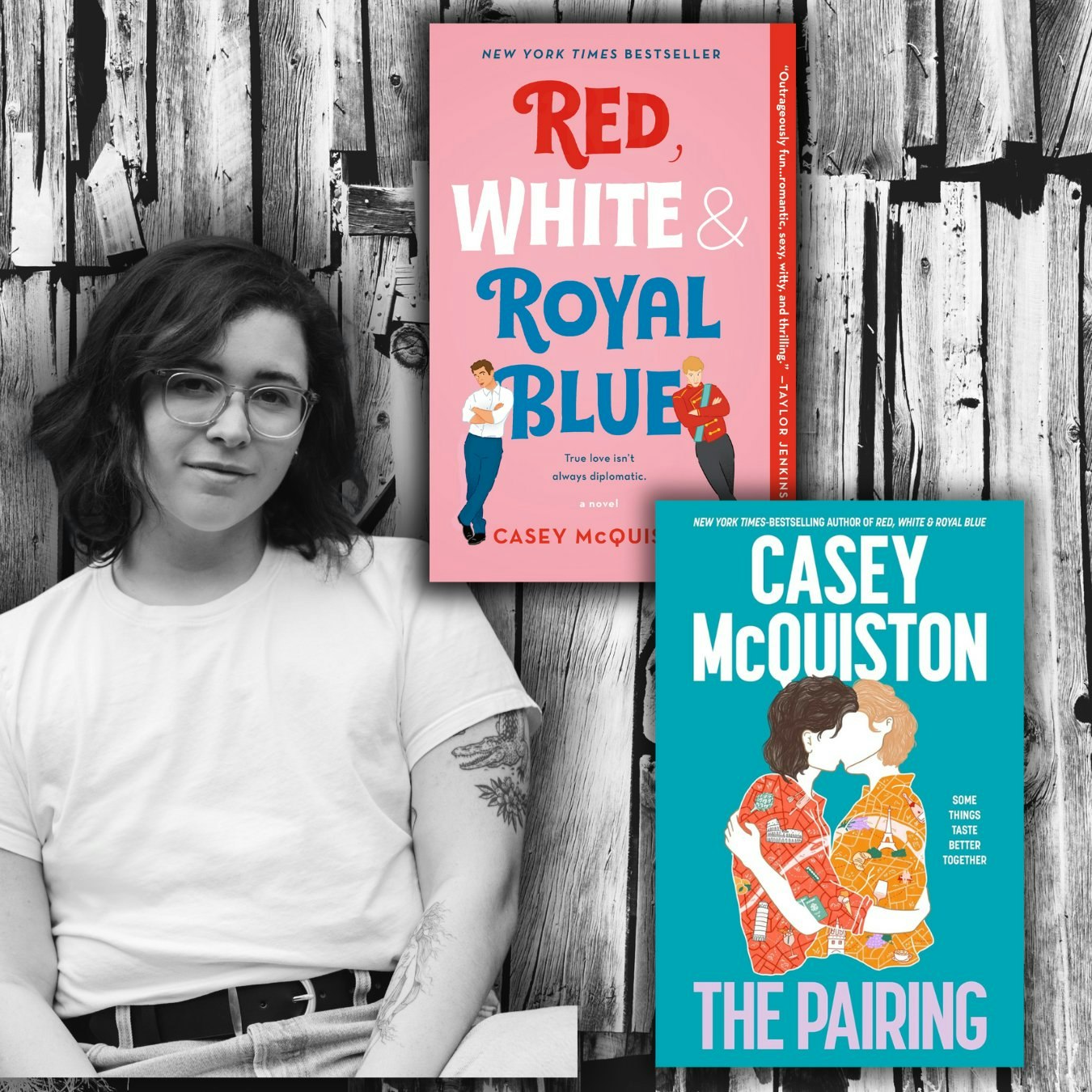 A person in glasses with two book covers: "Red, White & Royal Blue" and "The Pairing" by Casey McQuiston.