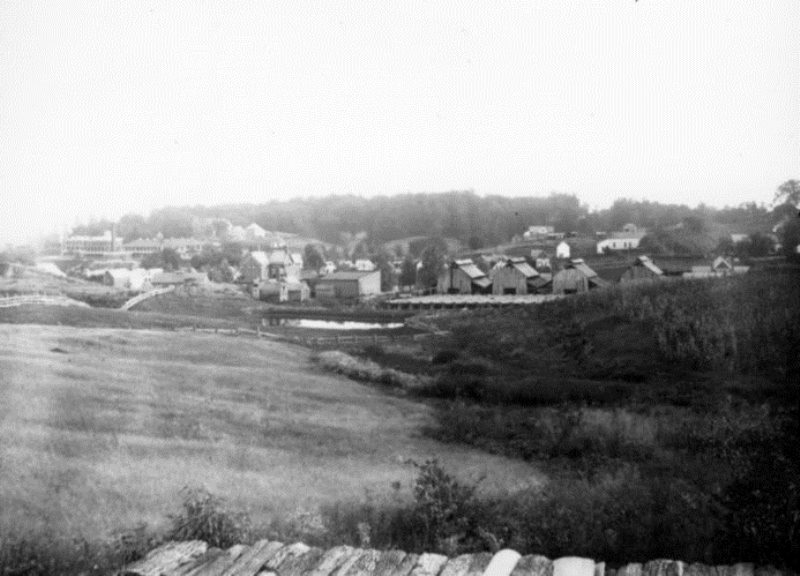 Old black and white photo of a rural landscape with houses and sparse vegetation.