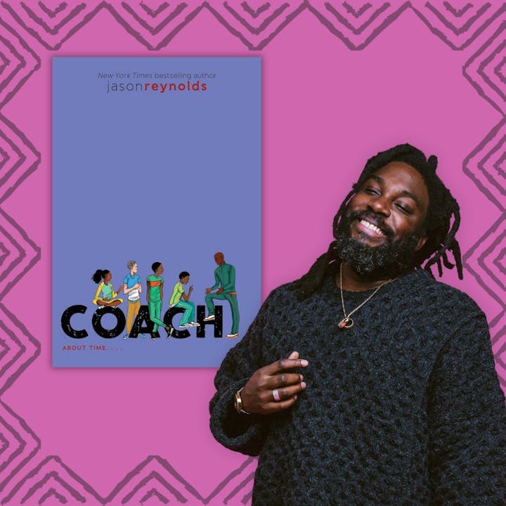 A smiling author, Jason Reynolds, is featured alongside his book "Coach" on a vibrant pink background.
