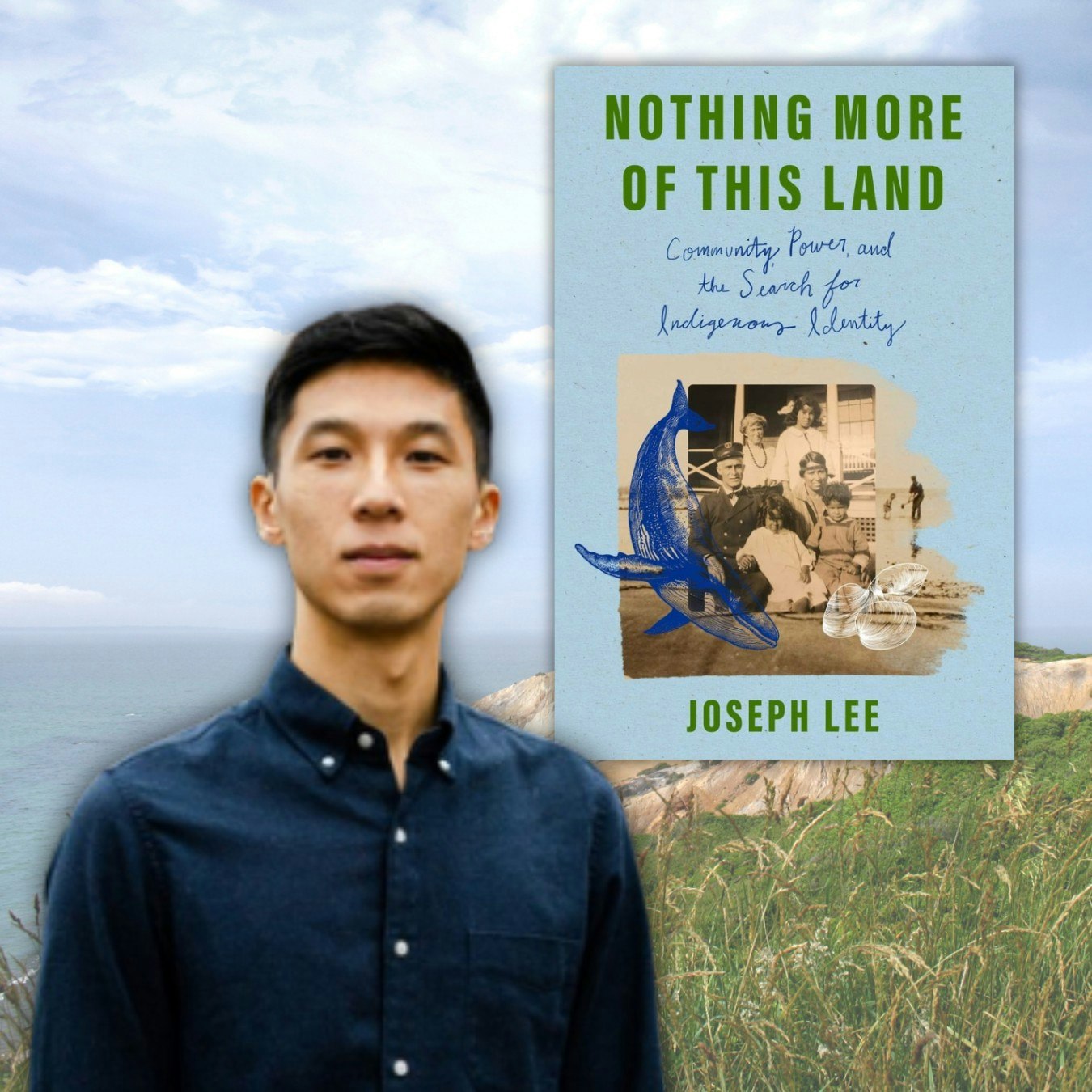 A person stands outdoors next to a book cover titled "Nothing More of This Land" by Joseph Lee.