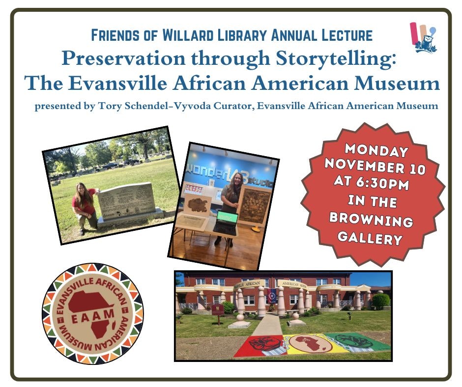 Event poster for "Preservation through Storytelling" by the Evansville African American Museum, Nov 10, 6:30 PM, Browning Gallery.