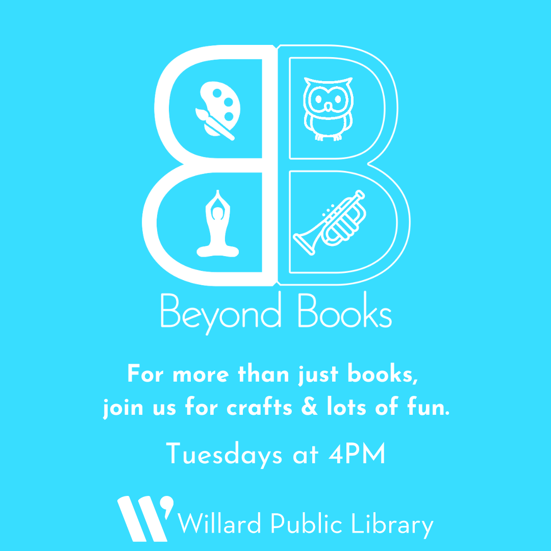 Graphic advertisement with icons (palette, owl, candle, trumpet) for a library's event, "Beyond Books," offering crafts and fun.