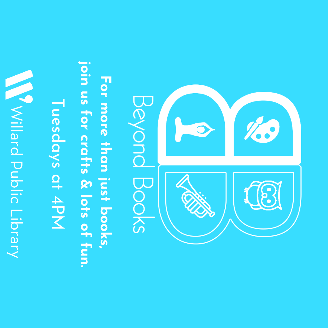 Graphic advertisement with icons (palette, owl, candle, trumpet) for a library's event, "Beyond Books," offering crafts and fun.