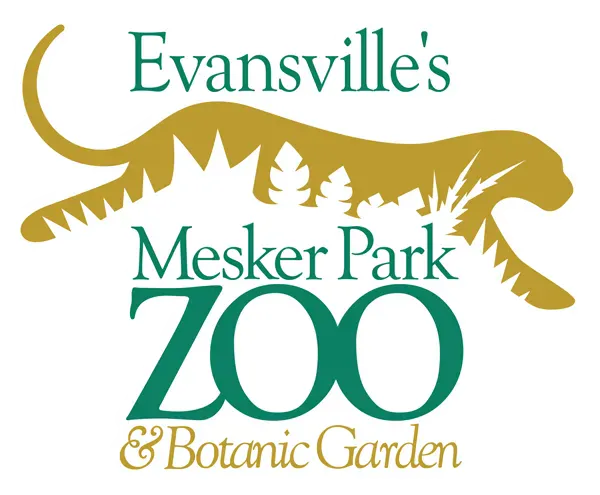 The image features the logo for Evansville's Mesker Park Zoo and Botanic Garden, showcasing a stylized animal and greenery.
