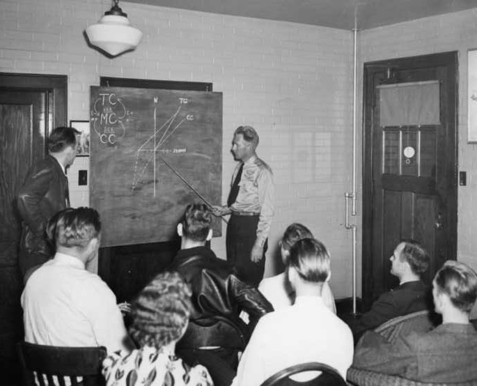 A vintage photo of a classroom, with a teacher pointing to a chalkboard and attentive students looking on.
