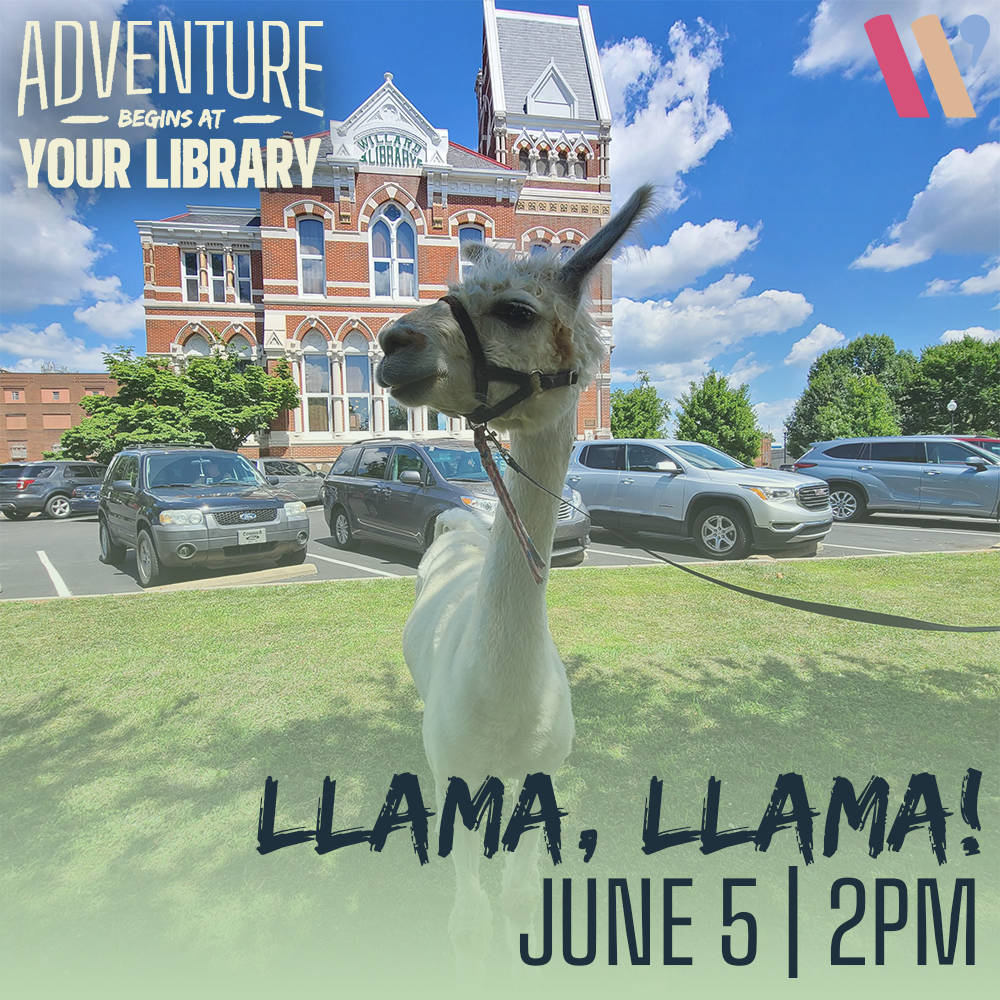 A poster featuring a llama with a library in the background, promoting an event titled "Llama, Llama!" on June 5 at 2PM.