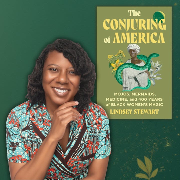 The image features a woman smiling beside the book "The Conjuring of America" by Lindsey Stewart, focusing on Black women’s magic.