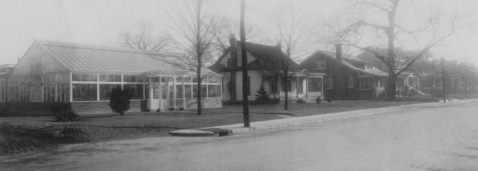 Vintage street view with a greenhouse and houses, leafless trees, and a clear sky.