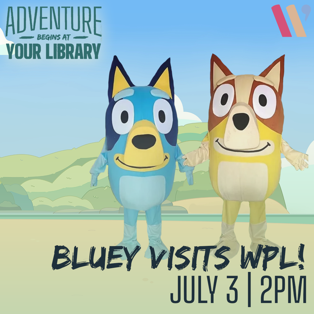 Two costumed characters promoting an event at a library.