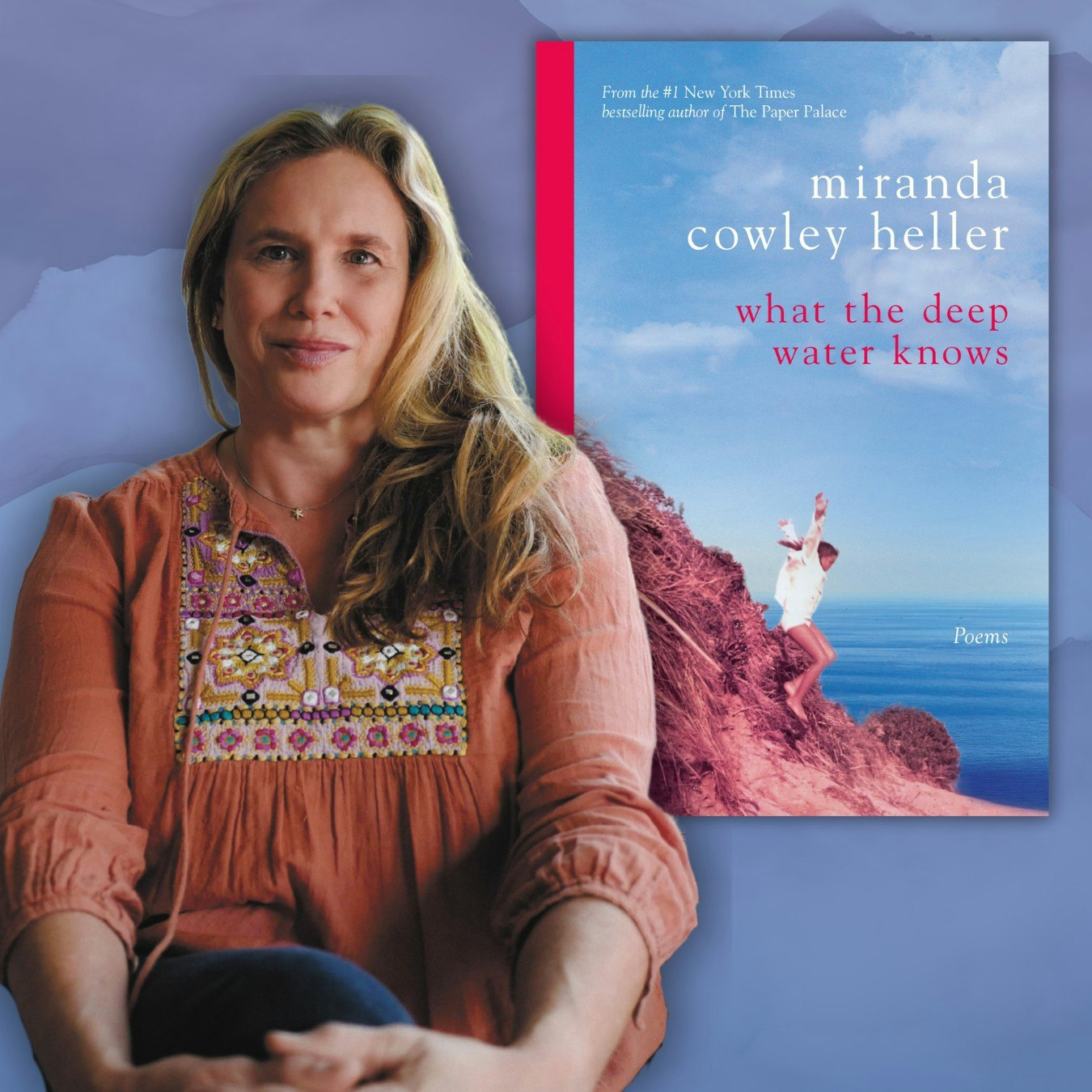 The image features a woman with long hair beside the book "What the Deep Water Knows" by Miranda Cowley Heller.