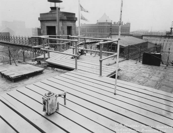 Historic rooftop weather station with instruments, railing, and foggy city background.