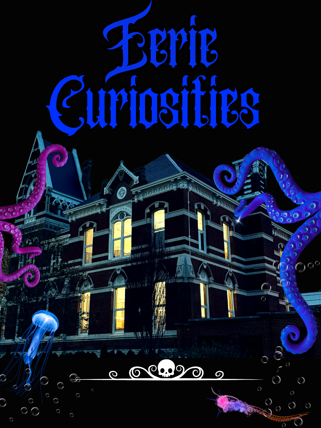 A spooky house with tentacles, jellyfish, and a skull-themed design, titled "Eerie Curiosities." Perfect for Halloween vibes!
