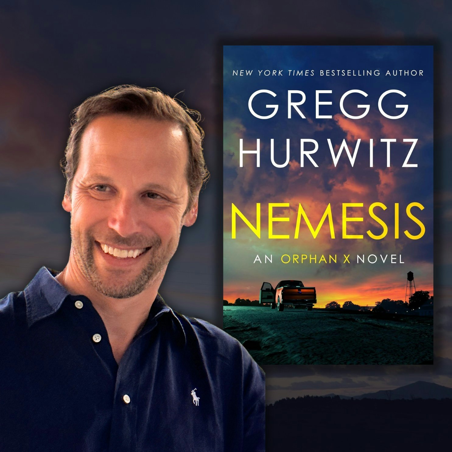 A person smiling next to the cover of "Nemesis" by Gregg Hurwitz, an Orphan X novel.