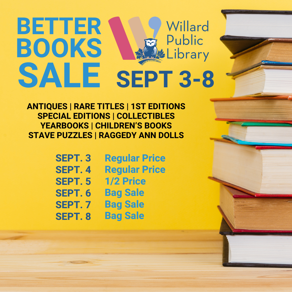 A colorful flyer for a book sale event at Willard Public Library, with details on offers and dates.
