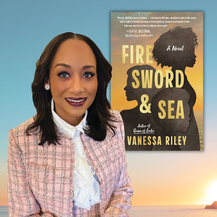 A woman smiles in front of a book cover for "Fire Sword & Sea" by Vanessa Riley, showcasing her latest novel.
