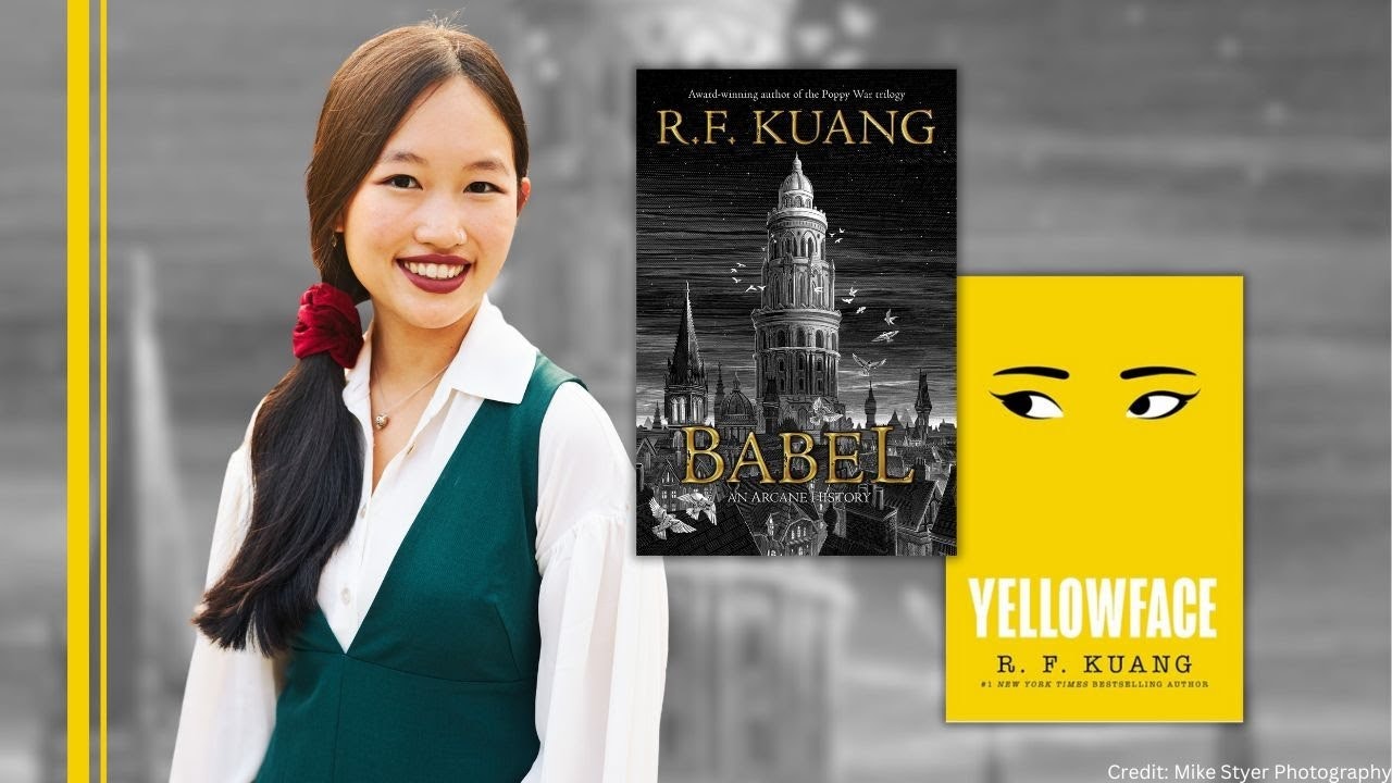 A smiling person with two books by R.F. Kuang: "Babel" and "Yellowface."