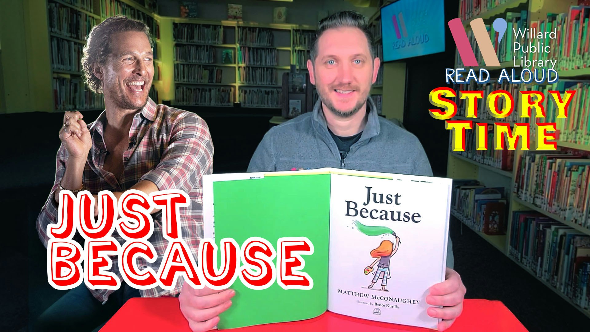 A man in a library holding a children's book titled "Just Because," with promotional graphics for story time.