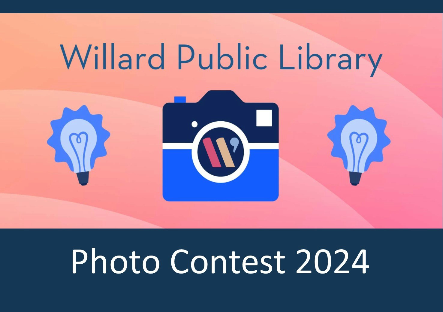 Graphic for a 2024 photo contest held by Willard Public Library with lightbulb and camera icons.