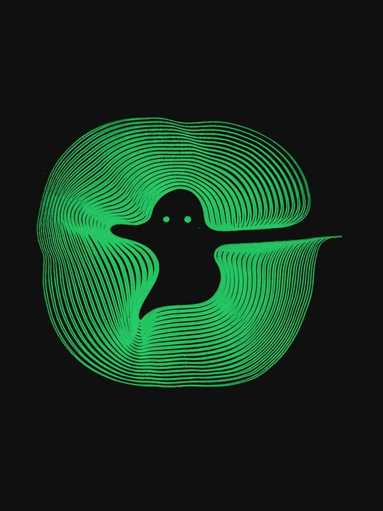 The image features a stylized, green silhouette resembling a ghost, formed by flowing lines against a black background.