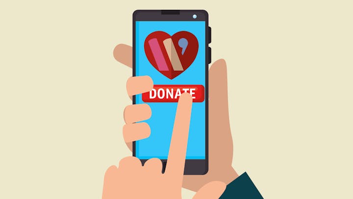 A hand holding a smartphone with a donate button and heart symbol on the screen.