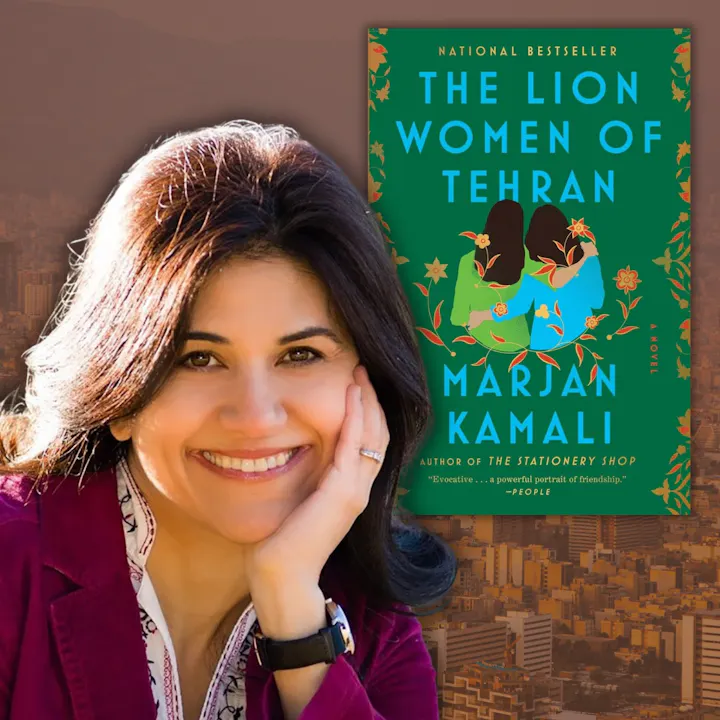 The image features author Marjan Kamali with her book "The Lion Women of Tehran" as the background.
