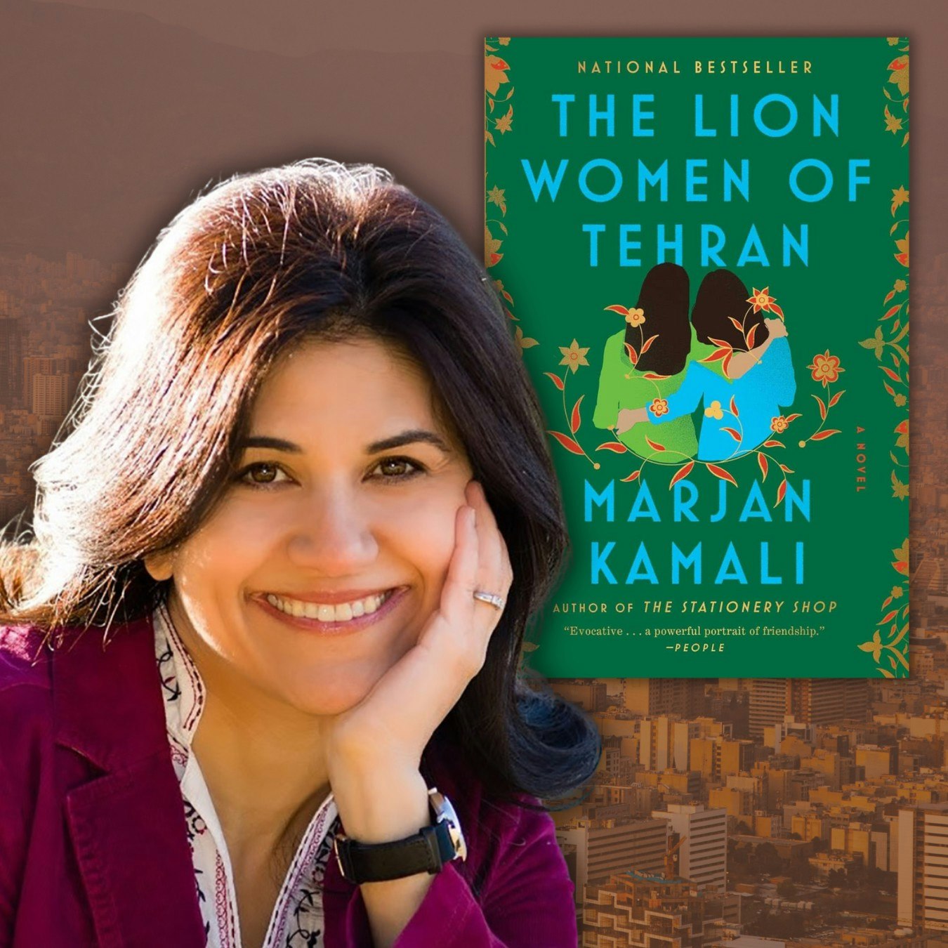 The image features author Marjan Kamali with her book "The Lion Women of Tehran" as the background.